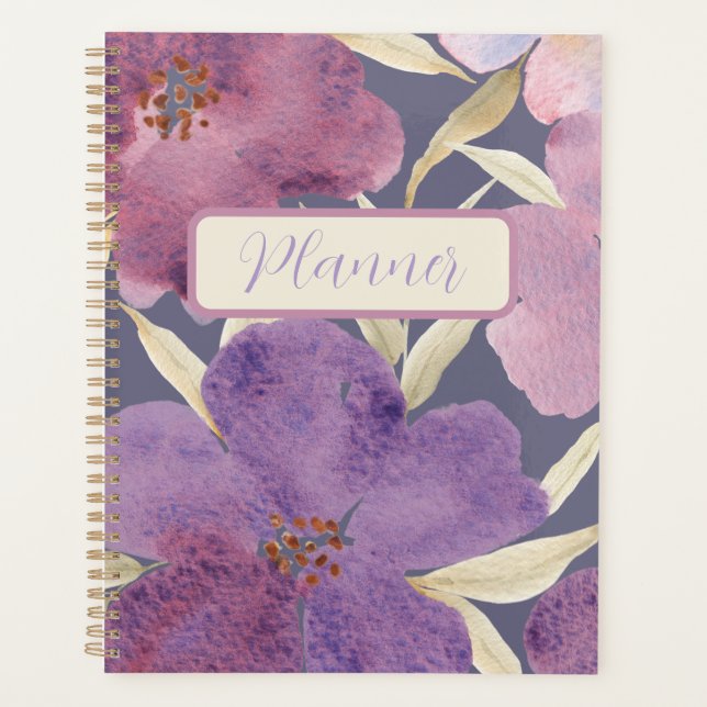 Agenda Aquarela Lilas em fundo violeta (Frente)