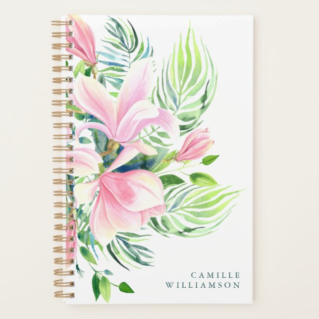 Agenda Aquarela Magnolia Flor a Rosa Personalizado (Frente)