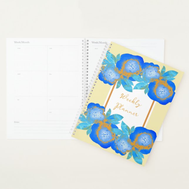 Agenda Aquarela Rosas Semanais Azul Dourado (Exibição)