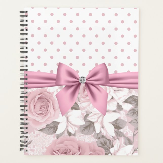 Agenda Arco Glam Pink Diamond Bolinhas Florais (Frente)