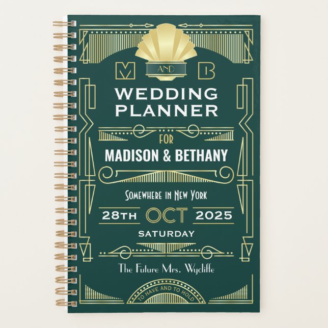 Agenda Art Deco Dourado 1920 Verde Gatsby Casamento (Frente)