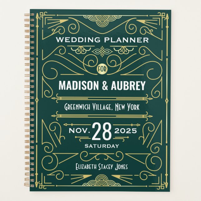Agenda Art Deco Dourado 1920 Verde Gatsby Casamento (Frente)