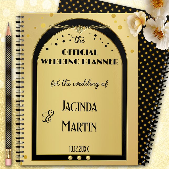 Agenda Art Deco Dourado Casamento de Confetti Preto (A stylish art deco inspired gold and black wedding planner with festive gold sparkling confetti)