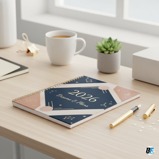 Agenda Art Deco Navy Gold 2026 Sonhos e Planos Celestial (Criador carregado)