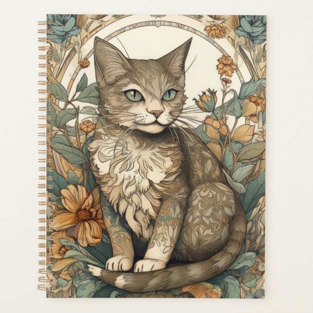 Agenda Art Nouveau Estilo Bonito Gato com Flores (Frente)