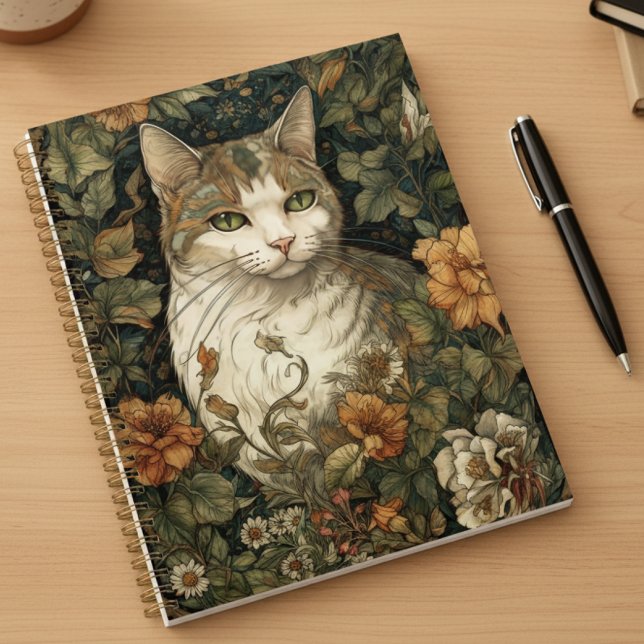 Agenda Art Nouveau Estilo Ilustração de Gato com Flores (Criador carregado)