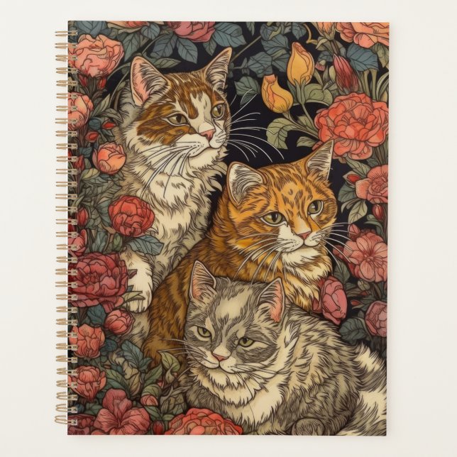 Agenda Art Nouveau Estilo Três Gatos com Flores (Frente)