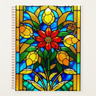 Agenda Arte de Vidro Manchado Flor Vermelha Elegante