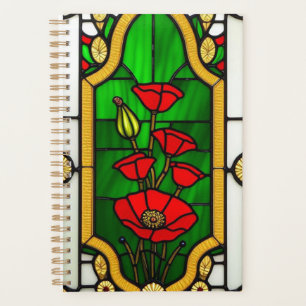 Agenda Arte de Vidro Manchado Flor Vermelha Elegante