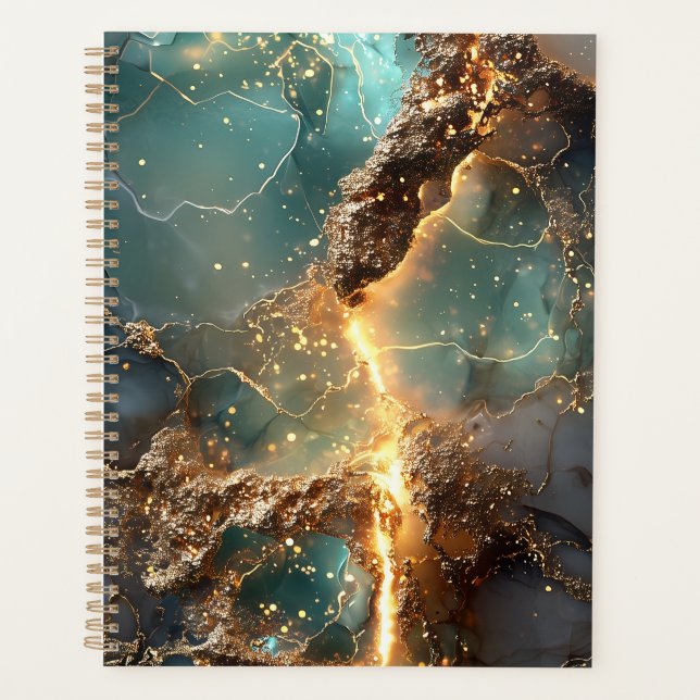 Agenda Arte Dourada e Teal Marmoreada (Frente)