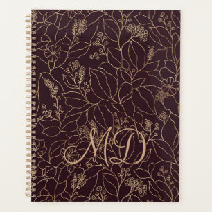 Agenda Arte em Linha Floral Roxo Escuro Elegante Dourado