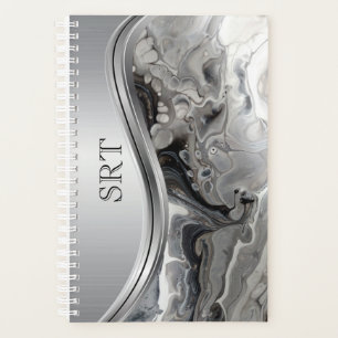 Agenda Arte Fluido Preto Prata Metal Monogramado