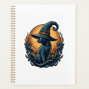 Agenda Arte Vetorial de Gato de Bruxa Vintage Lua Hallowe