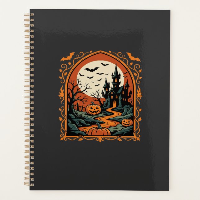 Agenda Arte Vetorial de Lua de Abóbora do Castelo Assombr (Frente)