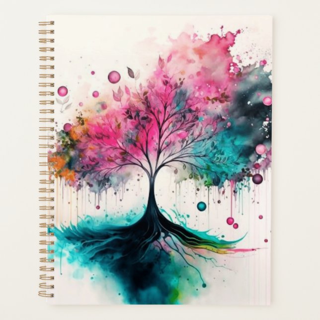 Agenda Árvore Arco-Íris em Aquarela Arte Abstrata da Natu (Frente)