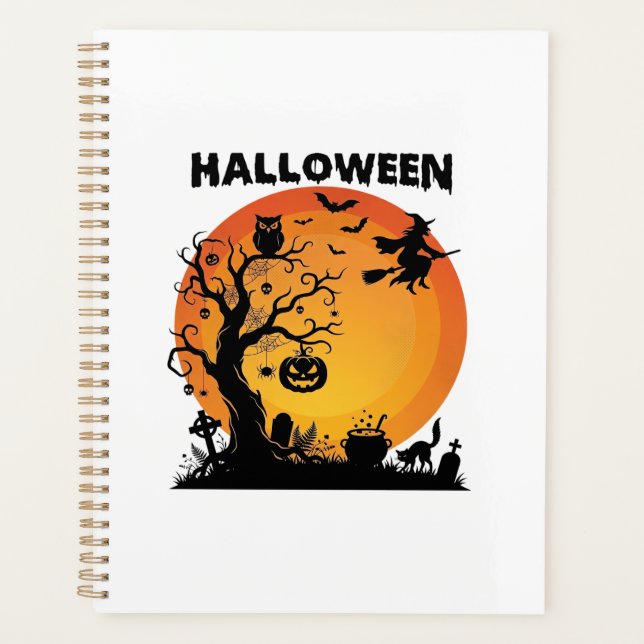 Agenda Árvore Assustadora de Halloween Bruxa Voadora Lua  (Frente)