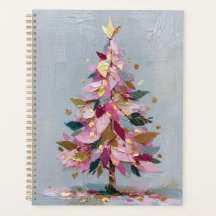 Árvore de Natal Abstrata Rosa e Dourada em Impasto