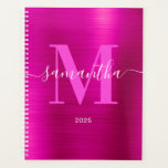 Agenda Assinatura Monograma Rosa Quente Metálico 2025<br><div class="desc">Crie seu próprio planejador ou livro de compromissos personalizado com nome e monograma feminino para ela em 2025.
O gráfico de arte digital de folha metálica falsa fúcsia irá imprimir como uma foto.
Monograma contemporâneo rosa brilhante e branco com design de caligrafia elegante no estilo assinatura pode ser personalizado.</div>
