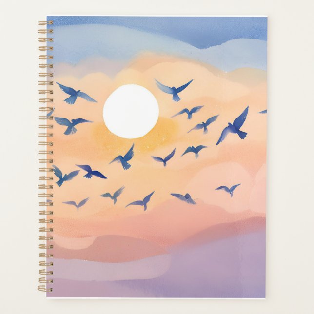 Agenda Aves em Voo | Natureza Sunset Watercolor (Frente)