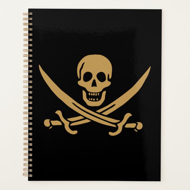 Agenda Aztec Dourado Crânio e Cutlass Pirata Calico Jack (Frente)