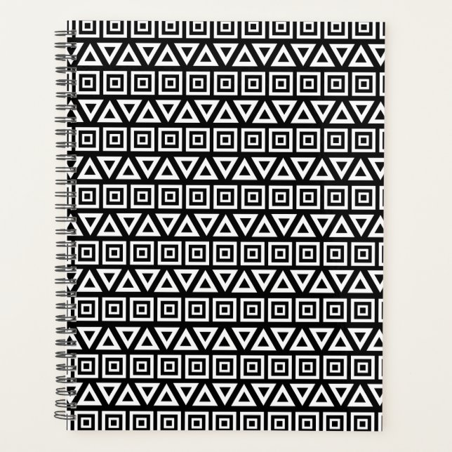 Agenda Aztec triângulos+quadrados branco-padrão em preto (Frente)