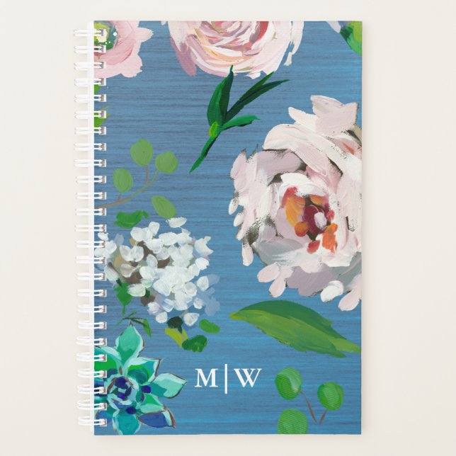 Agenda Azul bonito com Monograma de Blooms Florais Pastel (Frente)