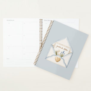 Agenda Azul Claro Francês Envelope Coração Floral Creme  