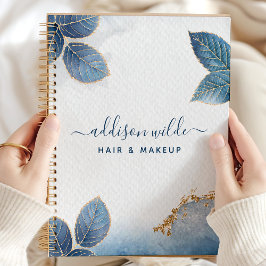 Agenda Azul Dourado Aquarela Folhas Botânicas