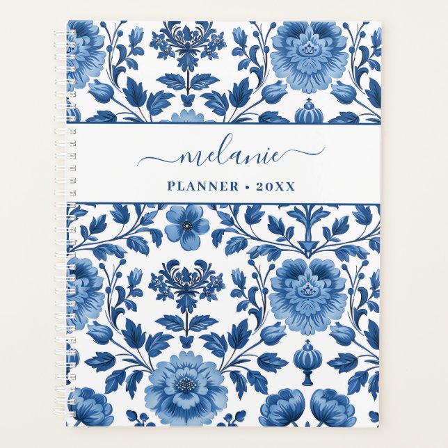 Agenda Azul e Branco - Algodão Damask Floral (Frente)