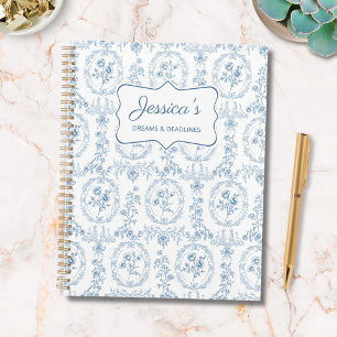 Agenda Azul e Branco Flores Vintage Floral Personalizado