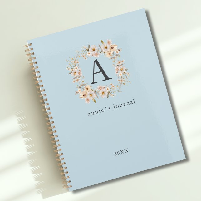 Agenda Azul Floral Monograma Personalizado (Custom Boho Floral Monogram Blue Planner)