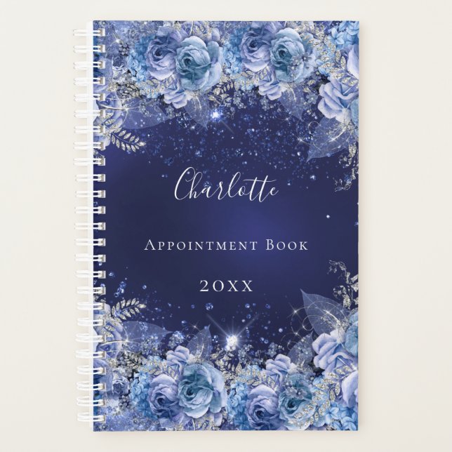 Agenda Azul floral nome brilhante elegante (Frente)