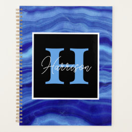 Agenda Azul Marble Personalizado Monograma Nome