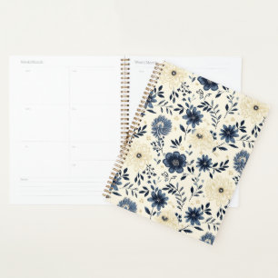 Agenda Azul Marinho Bege Flores de Arte Popular Vintage