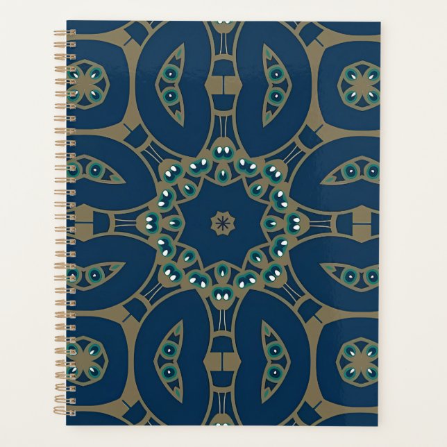 Agenda Azul Marinho e Padrão Geométrico Octogonal Dourado (Frente)