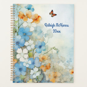 Agenda Azul, Pêssego e Flores Brancas Aquarela