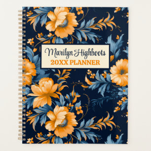 Agenda Azul prussiano, laranja e mostarda floral