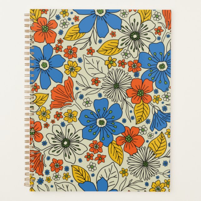 Agenda Azul Retroativo, Amarelo e Laranja Floral (Frente)