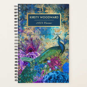 Agenda Azul Vintage, floral de pavão roxo & dourado