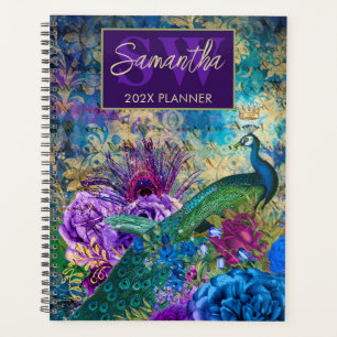 Agenda Azul Vintage, floral de pavão roxo & dourado