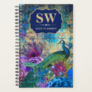 Agenda Azul Vintage, Roxo e Floral de Pavão Dourado
