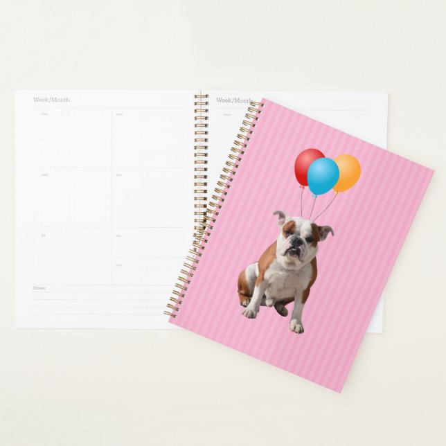 Agenda Balões de Buldogue Feliz Aniversário Rosa (Exibição)