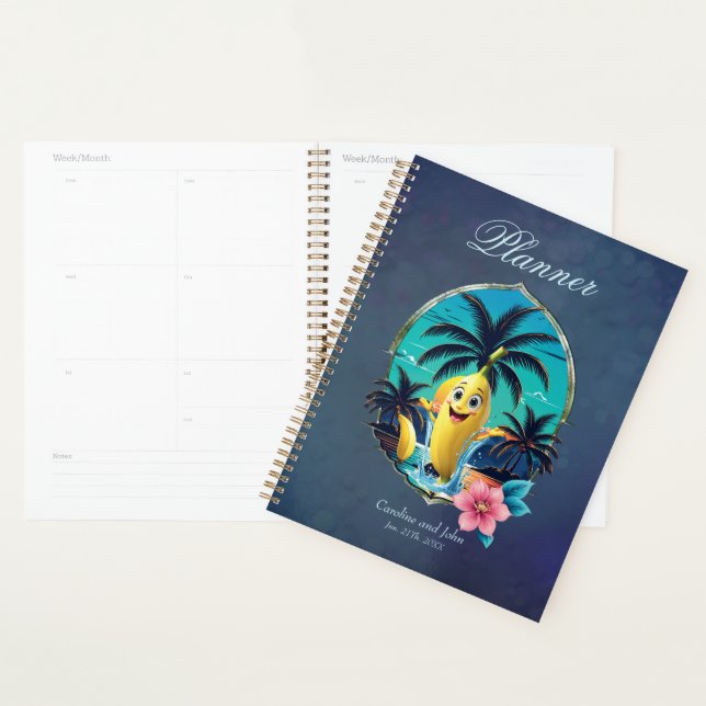 Agenda Banana de cartoon bonita na praia tropical. (Exibição)