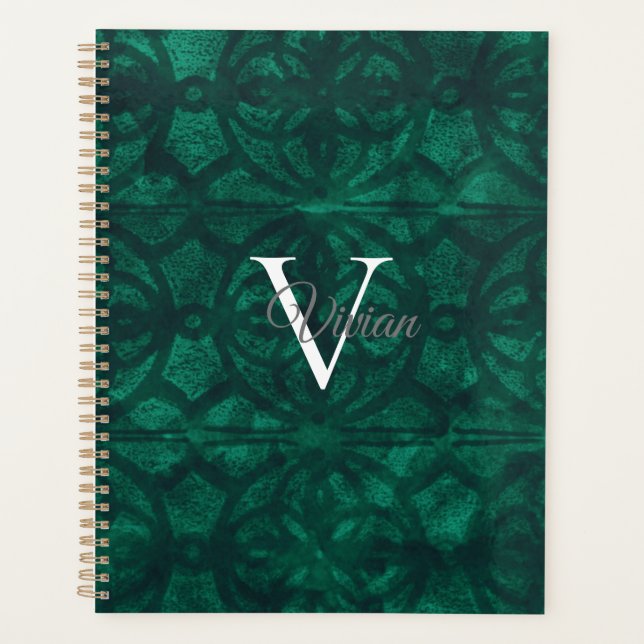 Agenda Batik Verde Batik Elegante Monograma Planner (Frente)
