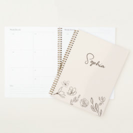 Agenda bege neutro floral minimalista personalizado