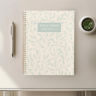 Agenda Bege Suave e Folhagem Sage Nome Personalizado