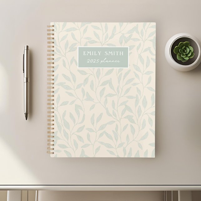 Agenda Bege Suave e Folhagem Sage Nome Personalizado (Criador carregado)