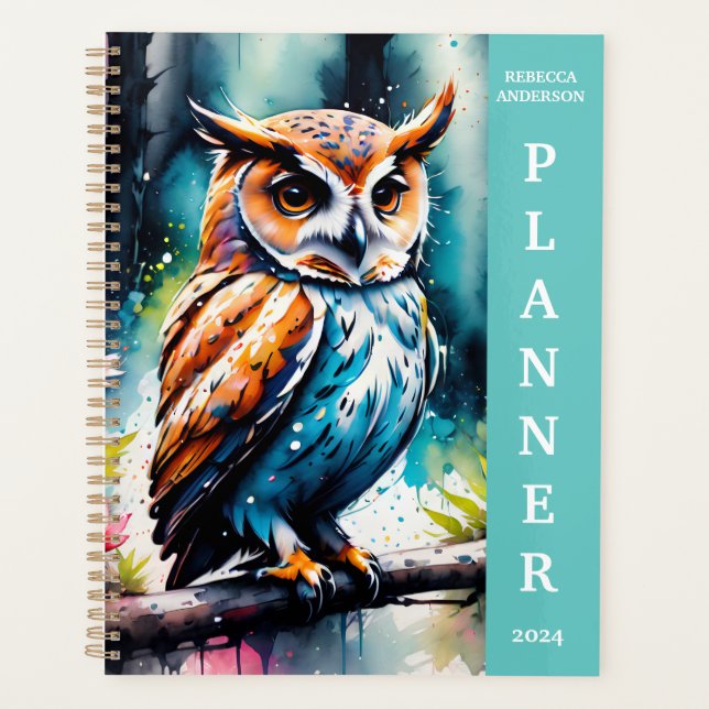Agenda Bela Coruja em Estilo de Salpicos de Aquarela (Frente)