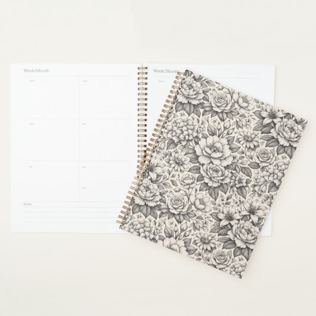 Agenda Belas Flores Gravadas em Preto Carvão e Branco (Exibição)