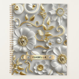 Agenda Belo Nome Personalizado Floral 3D Branco E Dourado